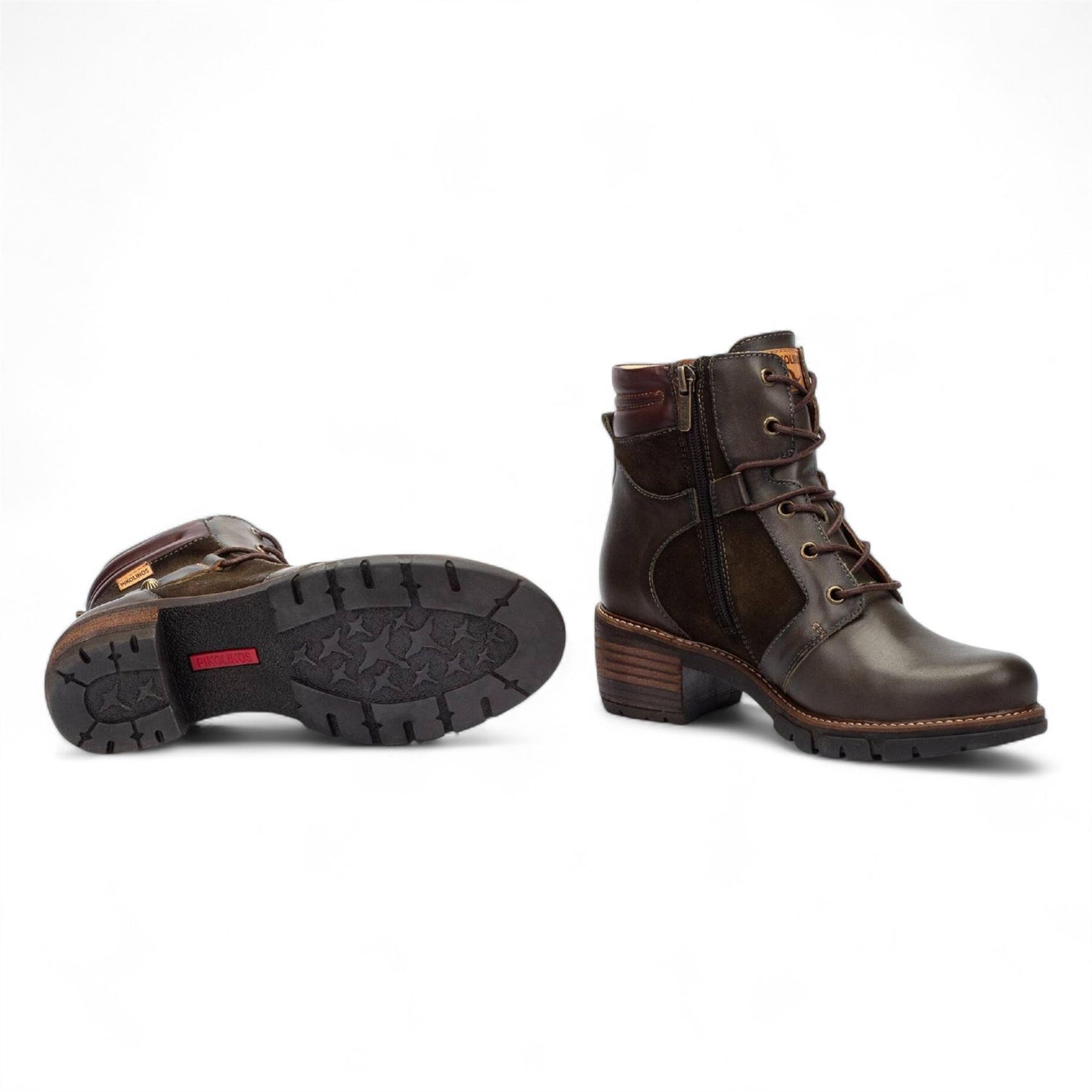 Pikolinos Women’s Forest Brown Leather Zip &amp; Lace Up Heel Ankle Boots - San Sebastia