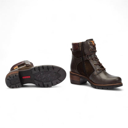 Pikolinos Women’s Forest Brown Leather Zip &amp; Lace Up Heel Ankle Boots - San Sebastia