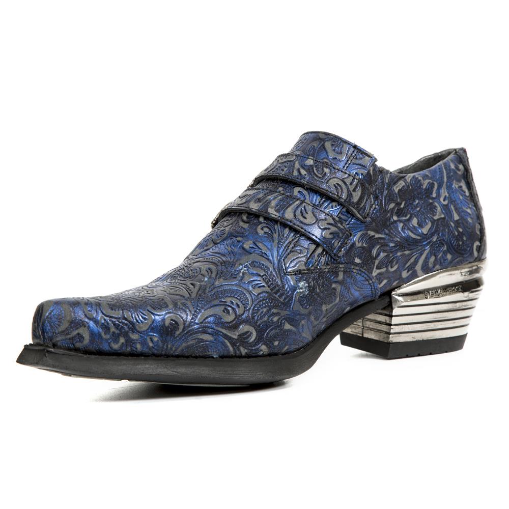 New Rock Vintage Blue Floral Leather Buckle Shoes-7960-S7