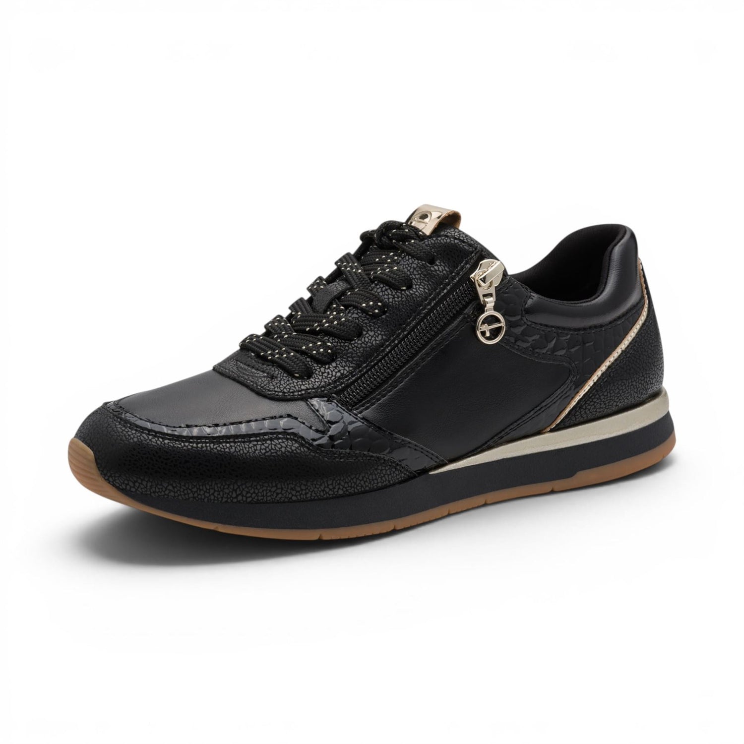 Tamaris Womens Black Faux Leather Fashion Lace Up Sneakers - 23613-46