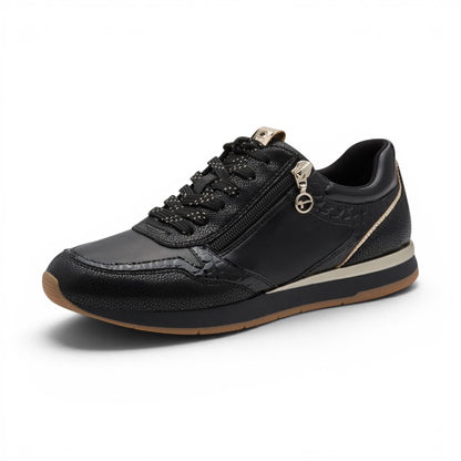 Tamaris Womens Black Faux Leather Fashion Lace Up Sneakers - 23613-46