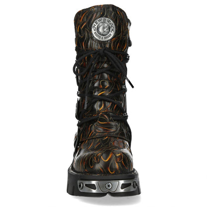 New Rock M-591-C62 Mid-Calf High Black Flame Leather Metallic Gothic Boots
