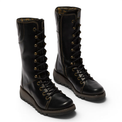 Fly London Women’s Black Leather Lace-Up Combat Ankle Boots- STER768