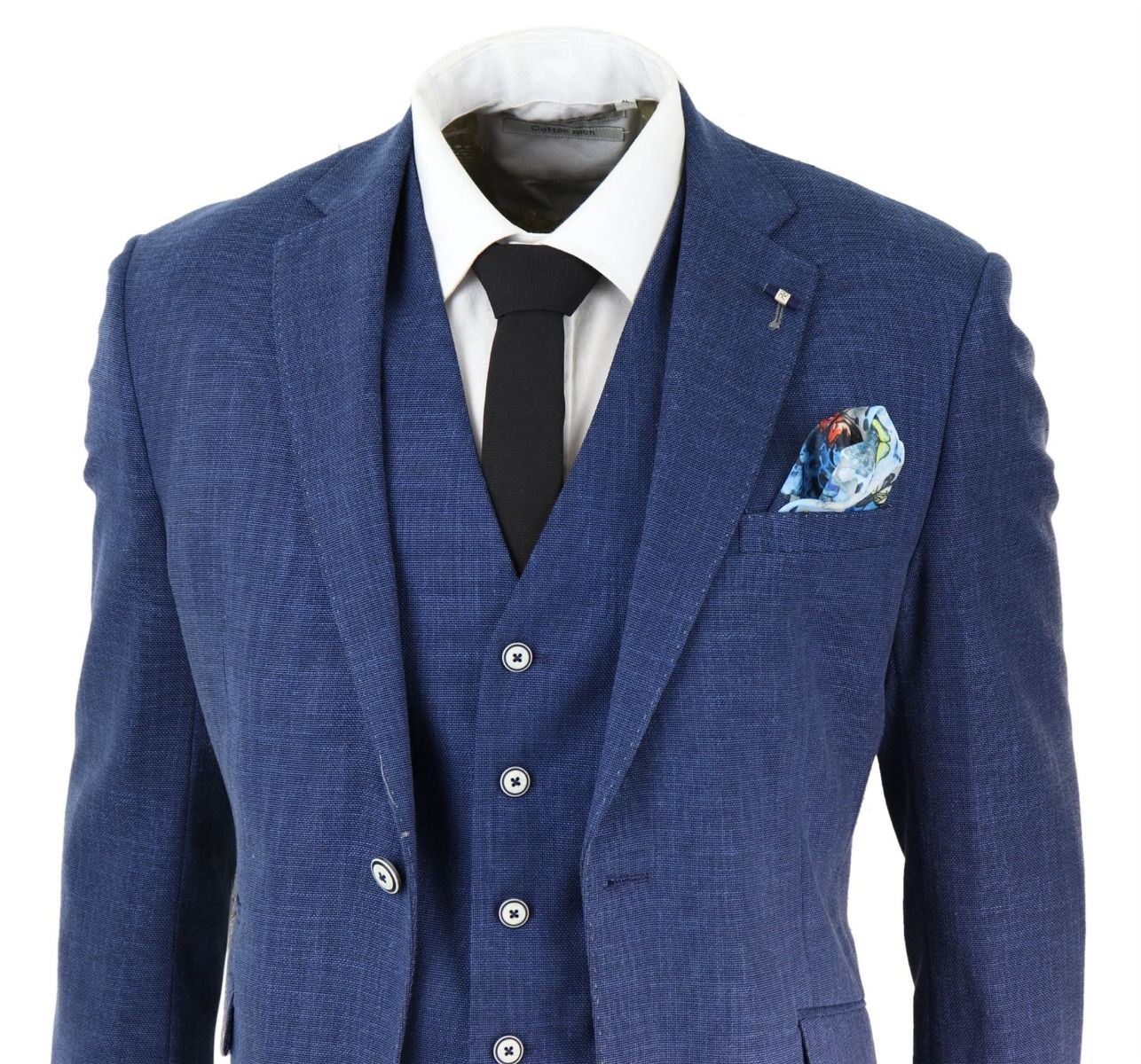 Mens 3 Piece Blue Linen Summer Spring Classic Suit