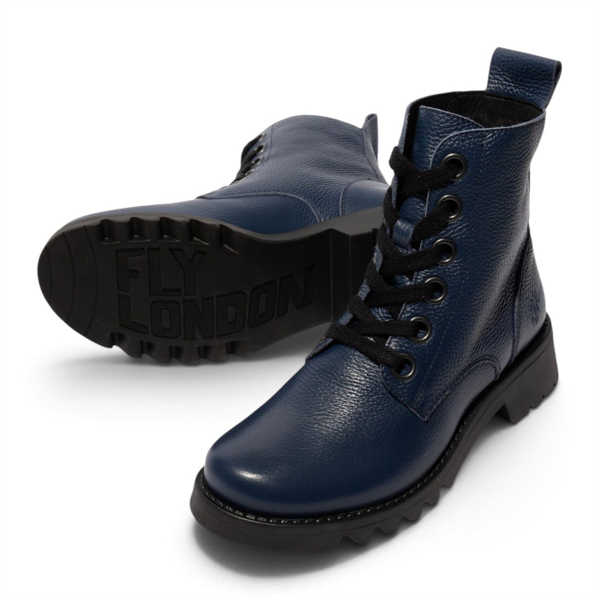 Fly London Womens Navy Blue Leather Lace-Up Heeled Ankle Boots - RAMY488