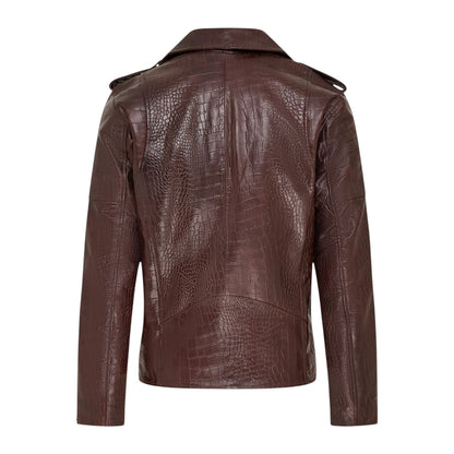 Mens Cow Leather Alligator Print Embossed Biker Jacket - Rot