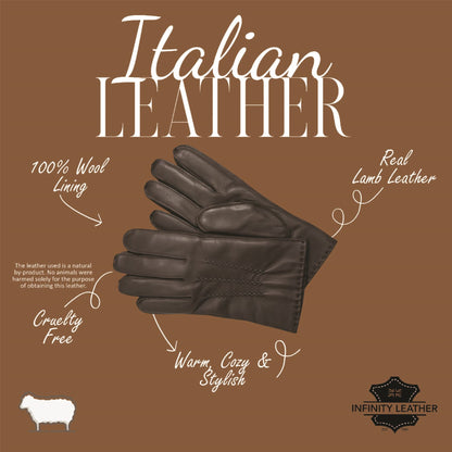 Men’s Italian Leather Warm Wool Lining Winter Stich Design Gloves - M-LGV-205