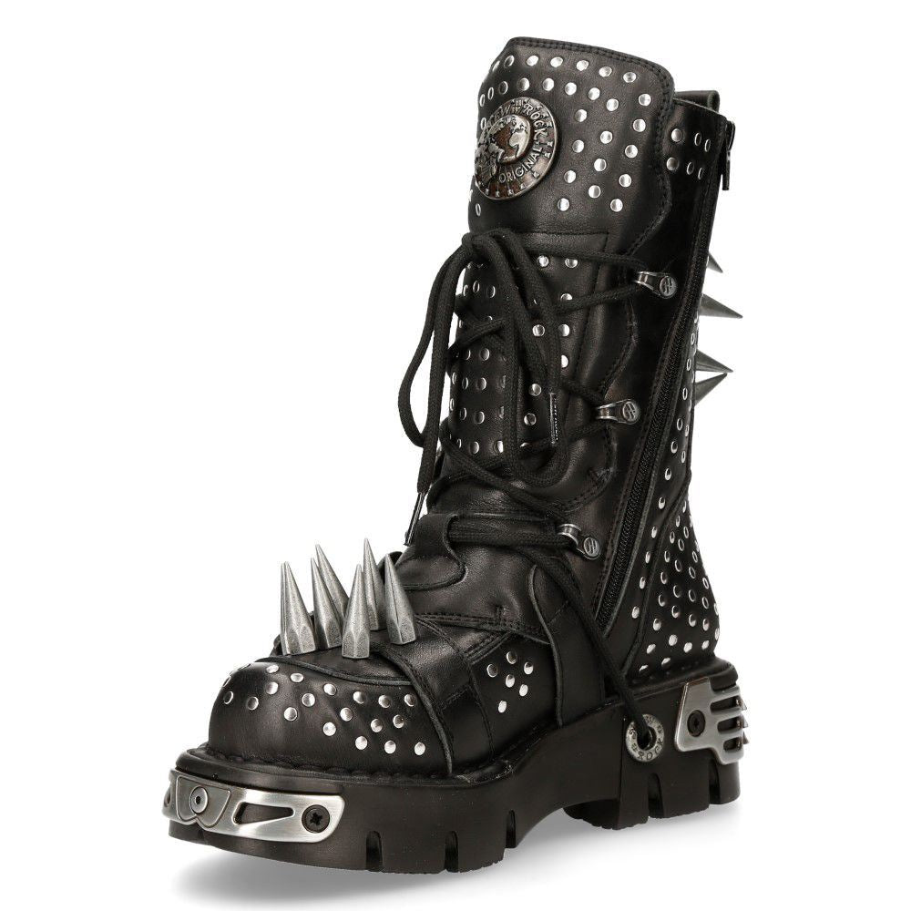 New Rock Black Leather Studded Gothic Boots-1535-S1 - Upperclass Fashions 