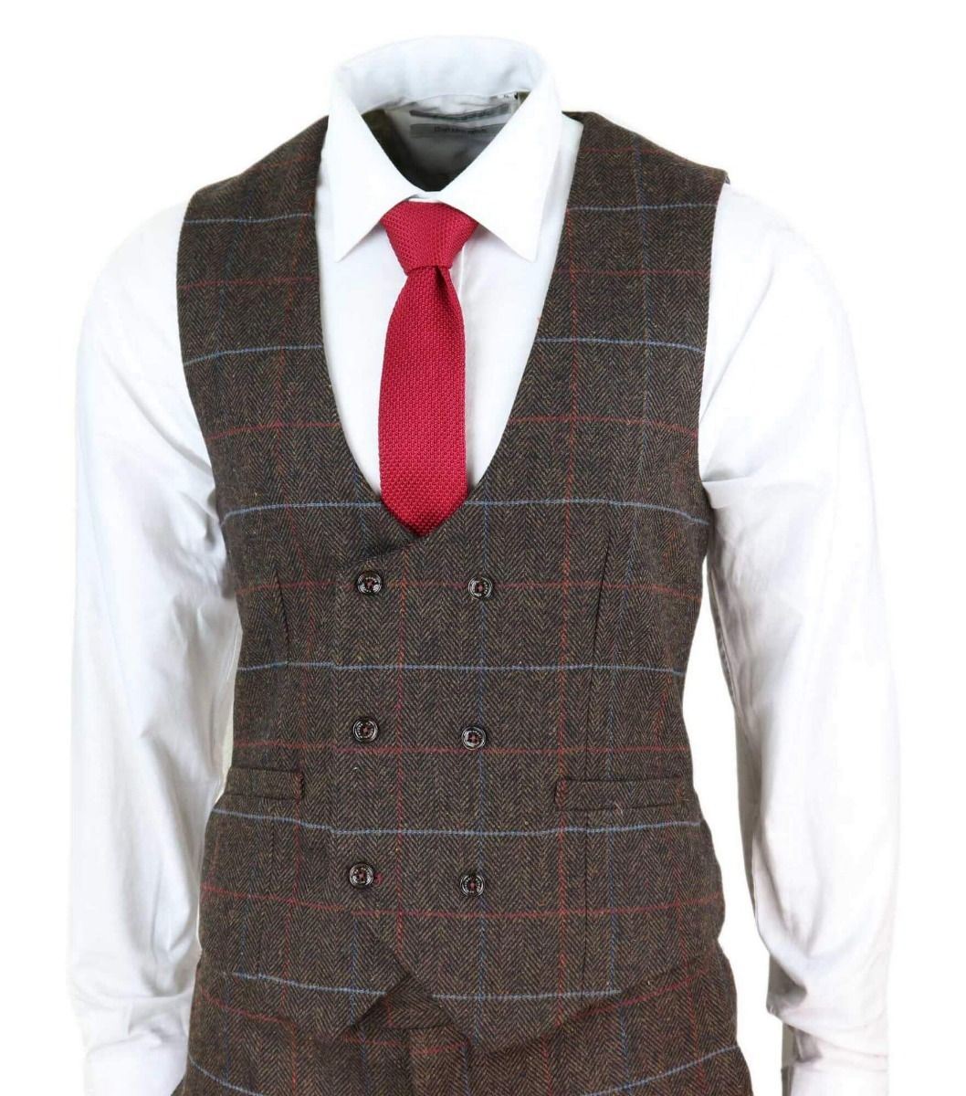 Mens 3 Piece Dark Brown Check Tweed Herringbone Vintage Classic Suit - Upperclass Fashions 