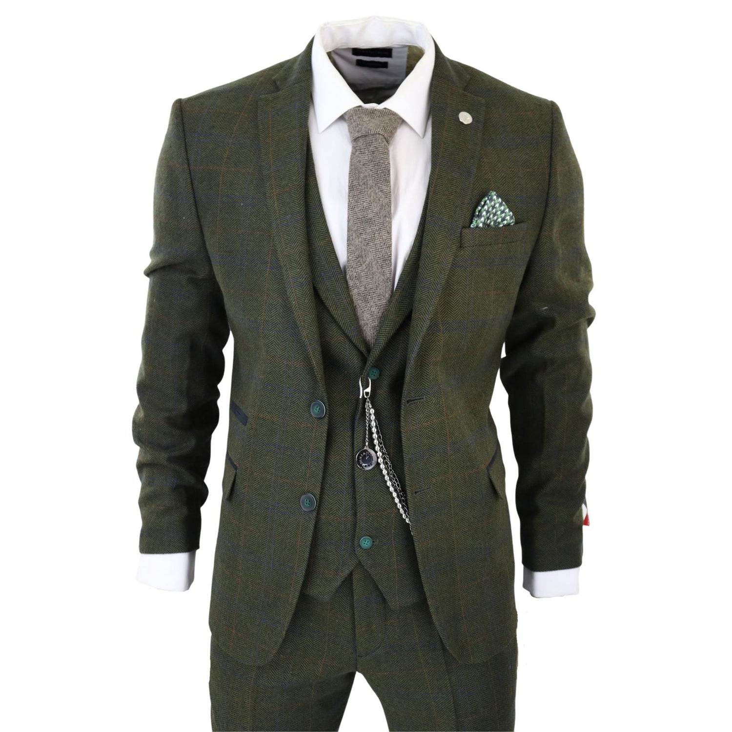 Mens 3 Piece Wool Suit Olive Green Tweed Check Peaky Blinders 1920 Gatsby Formal - Upperclass Fashions 