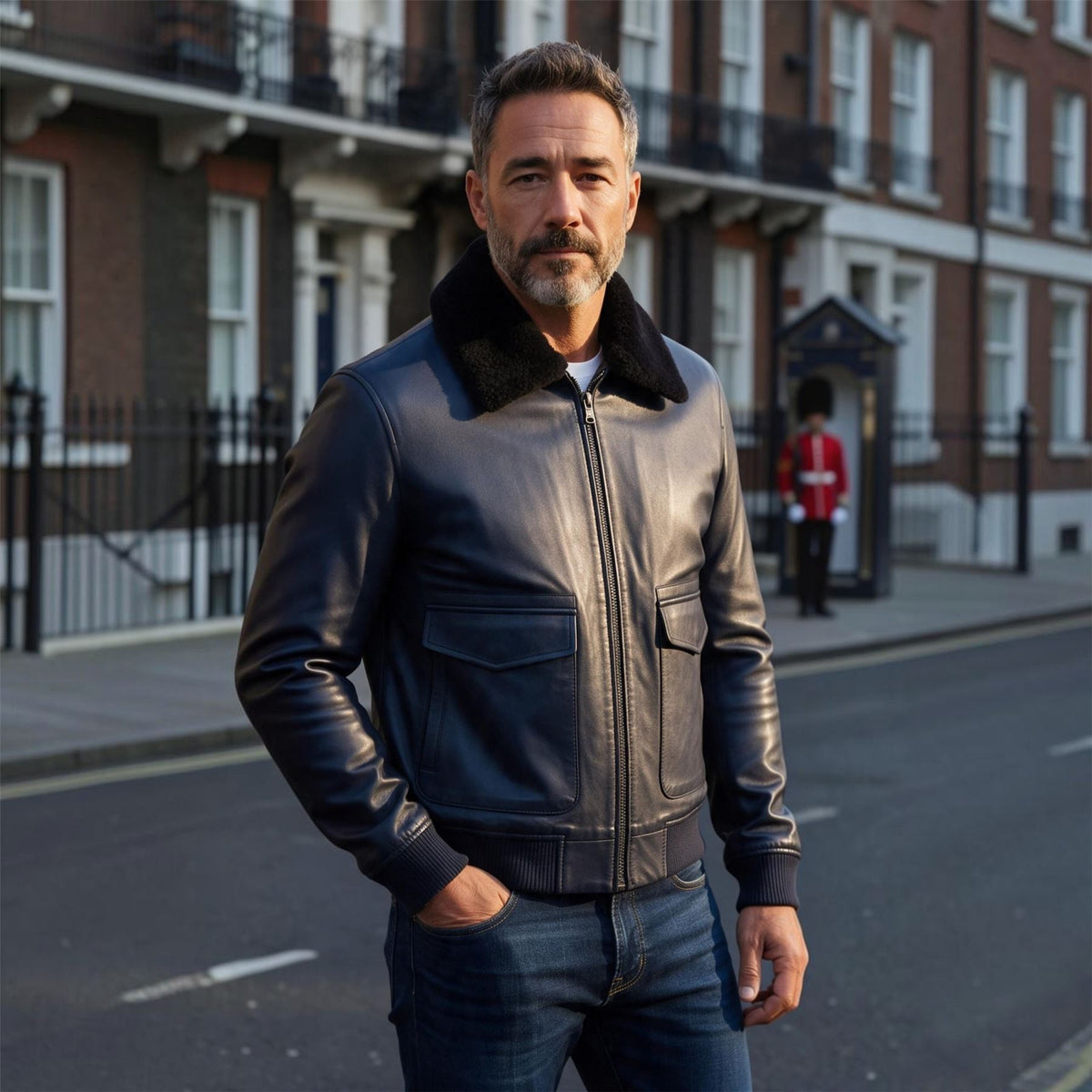 Mens Leather Aviator Bomber Jacket - Lunar