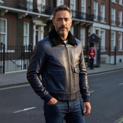 Mens Leather Aviator Bomber Jacket - Lunar