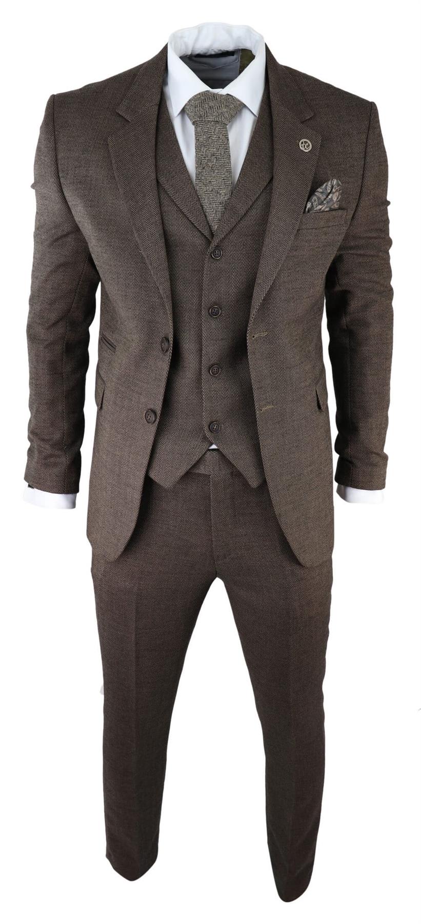 Mens Brown 3 Piece Tweed Herringbone Suit Peaky Blinders Classic Tailored - Upperclass Fashions 