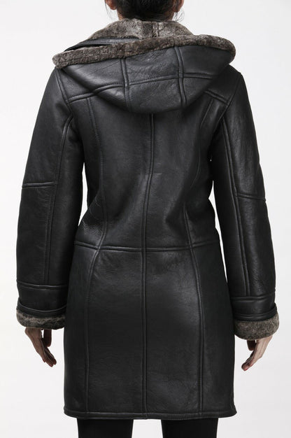 Womens Black Shearling Hooded Duffle Coat-Royston - Upperclass Fashions 