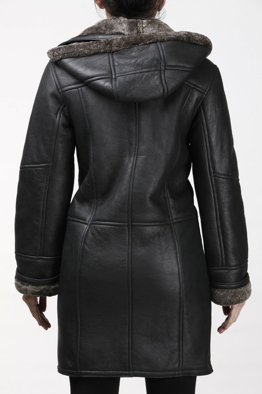 Womens Black Shearling Hooded Duffle Coat-Royston