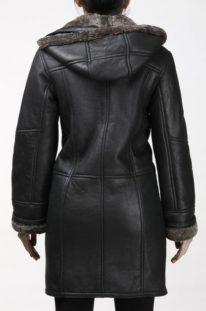 Womens Black Shearling Hooded Duffle Coat-Royston