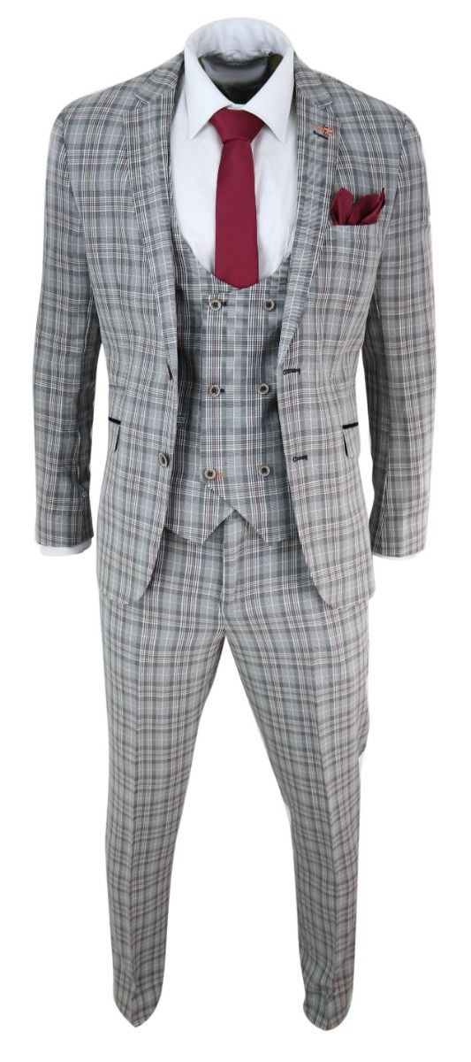 Mens 3 Piece Grey Check Retro Vintage Classic Suit - Upperclass Fashions 