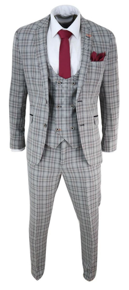 Mens 3 Piece Grey Check Retro Vintage Classic Suit - Upperclass Fashions 