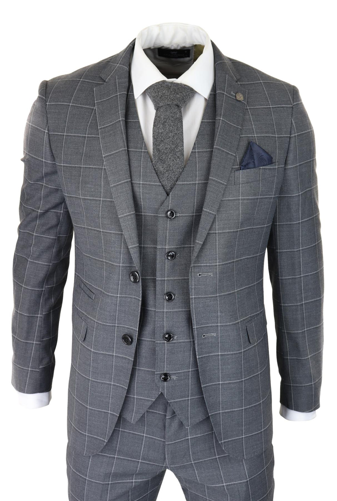 Mens Grey Suit 3 Piece Check Vintage Retro Smart Wedding Classic Tailored Fit