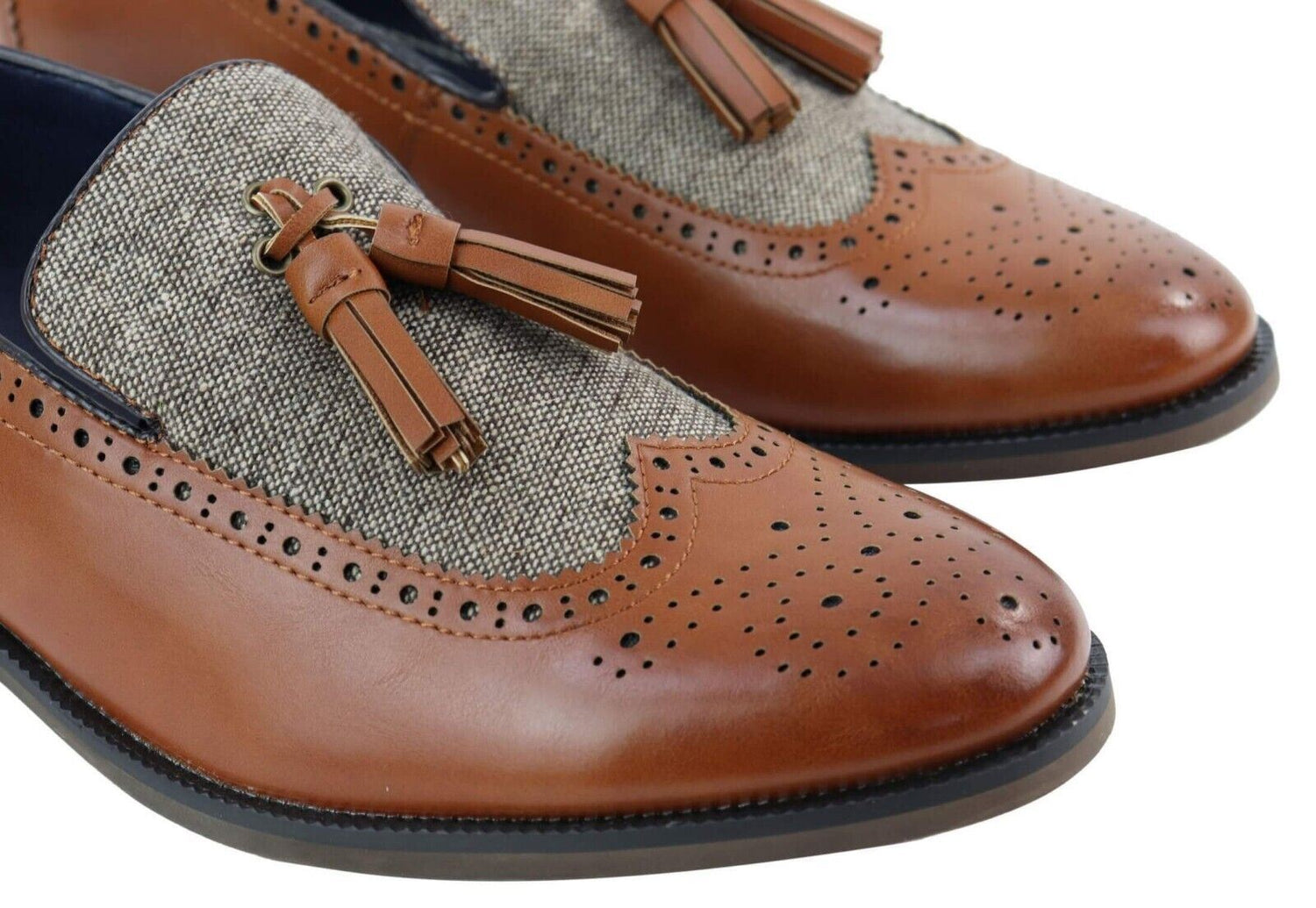 Mens Tasselled Tan Leather Tweed Slip on Loafers - Upperclass Fashions 