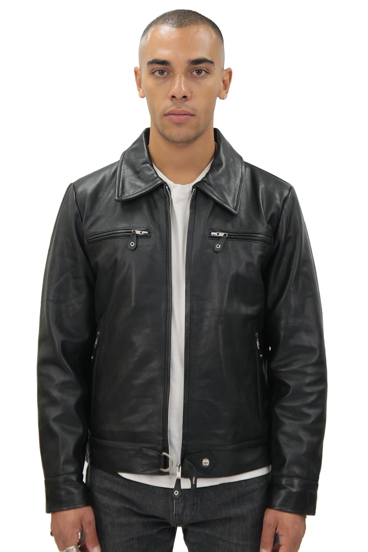 Mens Black Cowhide Leather Harrington Jacket-Skipton