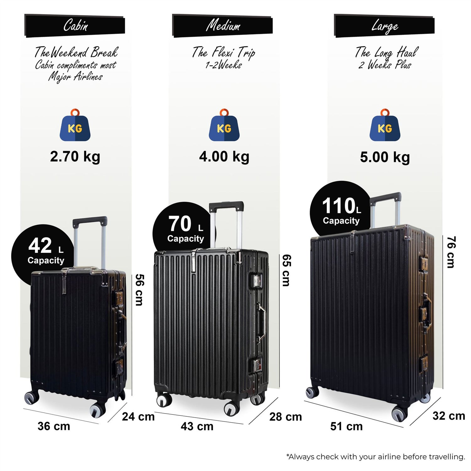 Airdrie Set of 3 Hard Shell Suitcase in Black