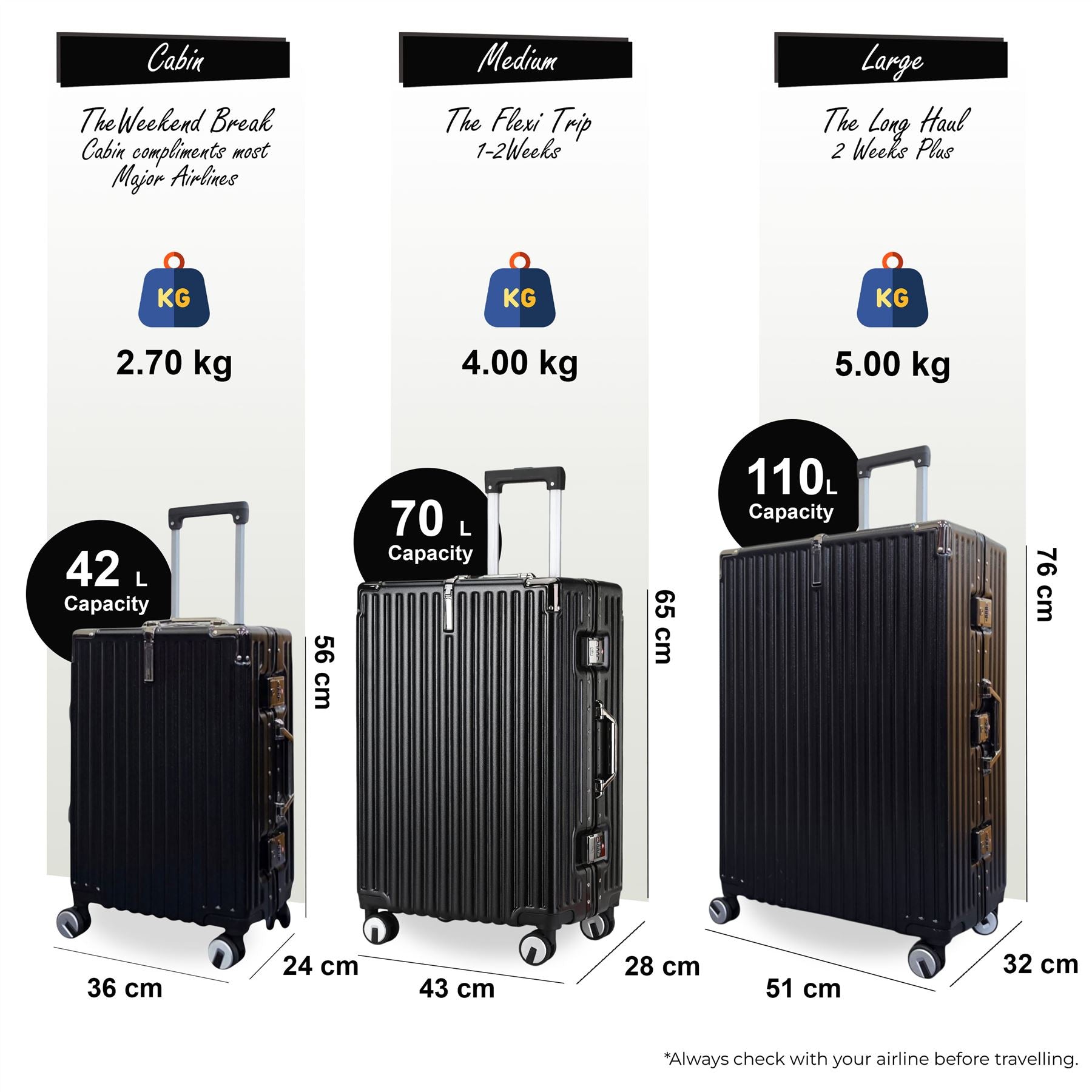 Airdrie Set of 3 Hard Shell Suitcase in Black