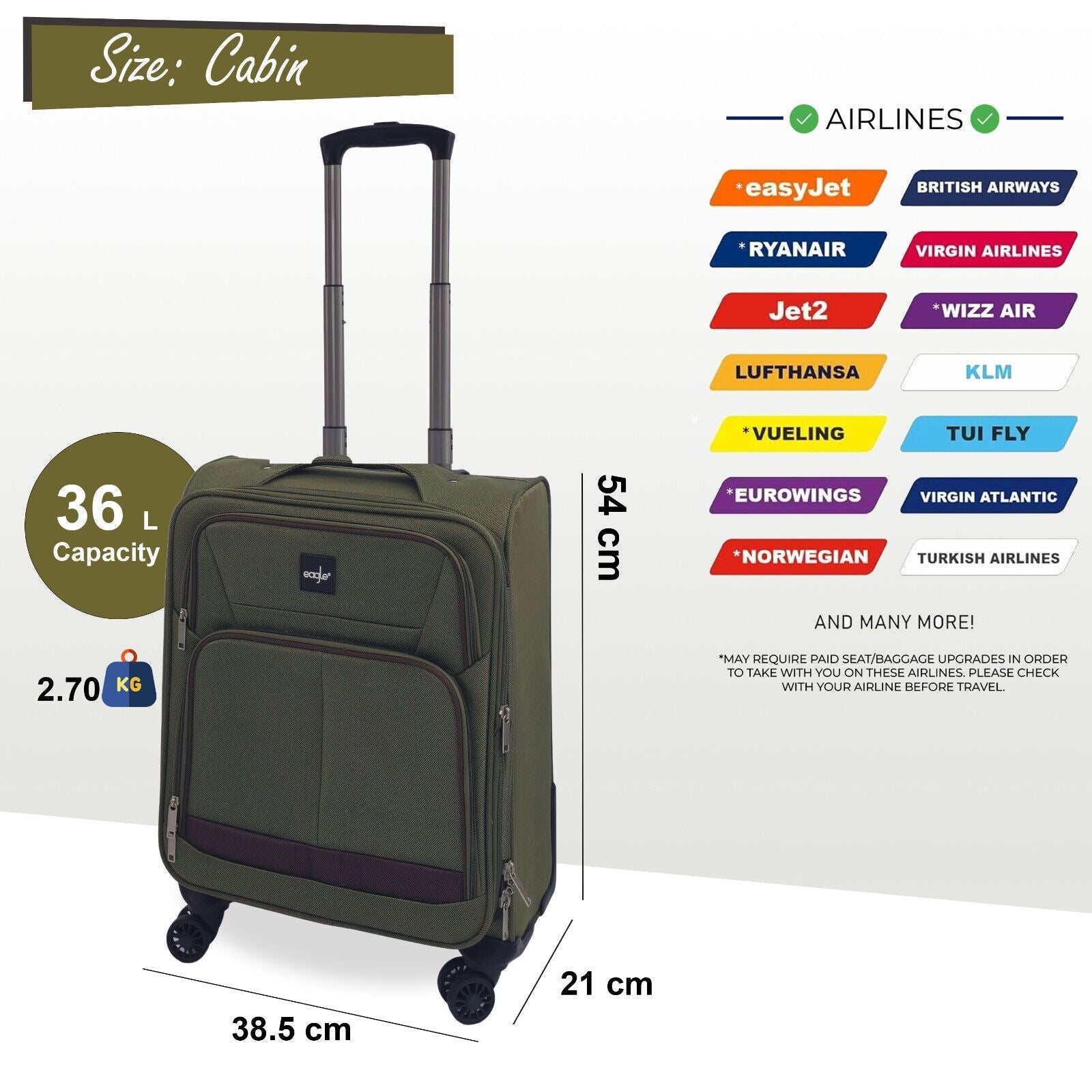 Soft Shell Cabin Suitcase 54 x 38 x 21 cm Lightweight Luggage Suitable for Easyjet, Ryanair