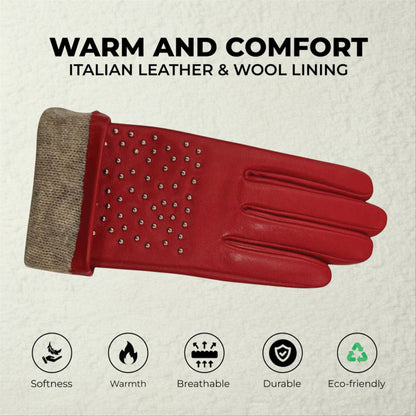 Womens Italian Leather Winter Studded Design Soft Wool Lining Gloves - L-GLV-601