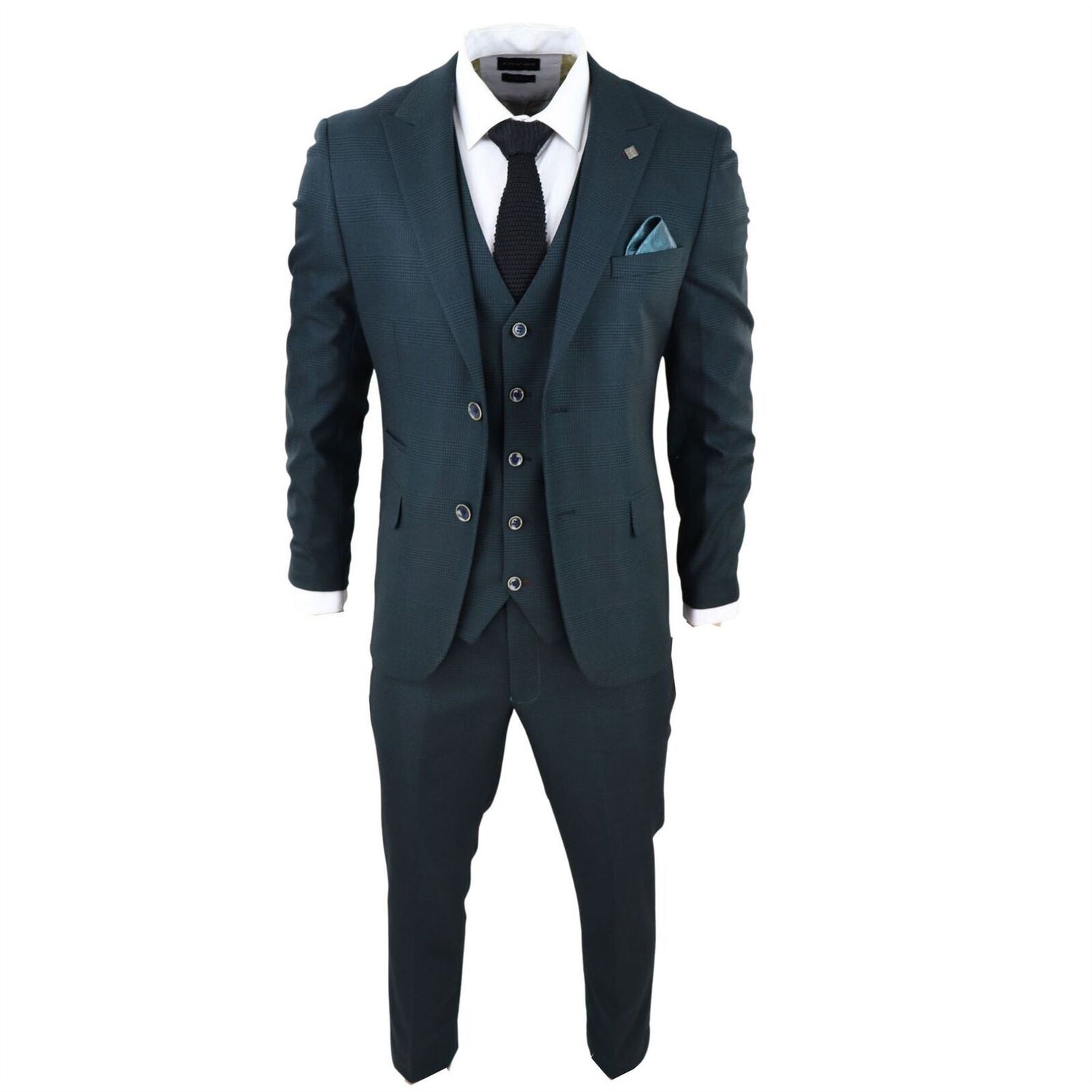 Mens Olive Green 3 Piece Check Tailored Fit Suit - Upperclass Fashions 