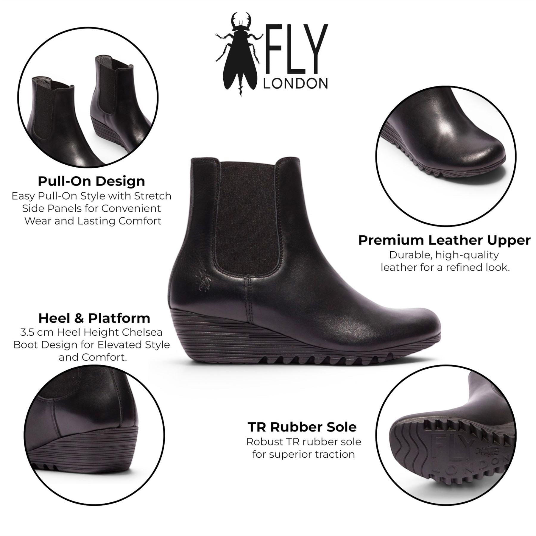 Fly London Womens Black Leather Wedge Heel Chelsea Boots - ORFU496
