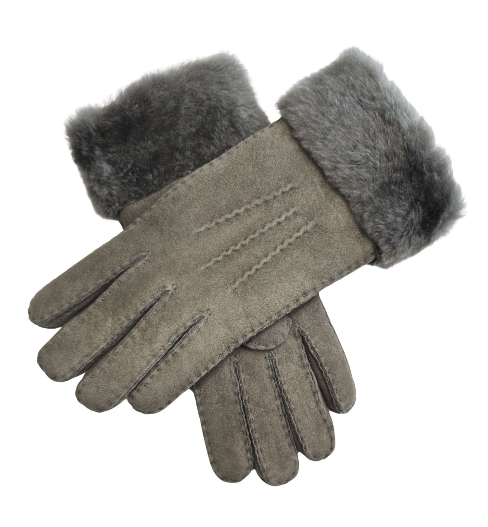 Womens Genuine Sheepskin Suede Gloves with Fur Cuff