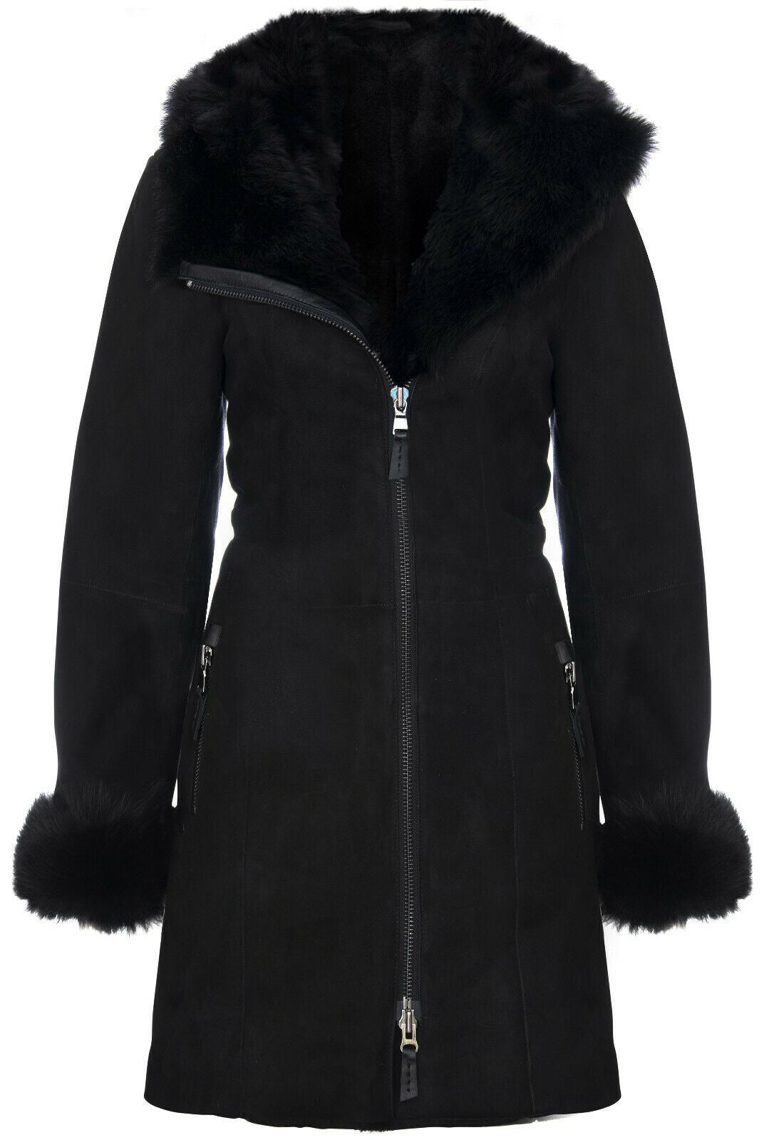 Ladies Suede Merino Hooded Sheepskin Coat-Ringwood