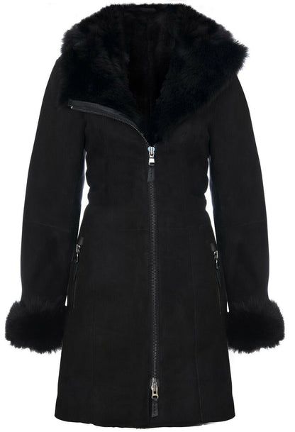 Ladies Suede Merino Hooded Sheepskin Coat-Ringwood
