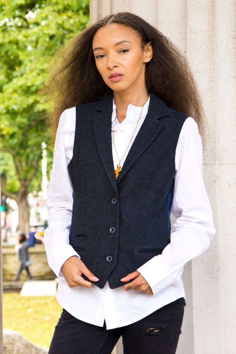 Womens Tweed 1920s Herringbone Navy Waistcoat