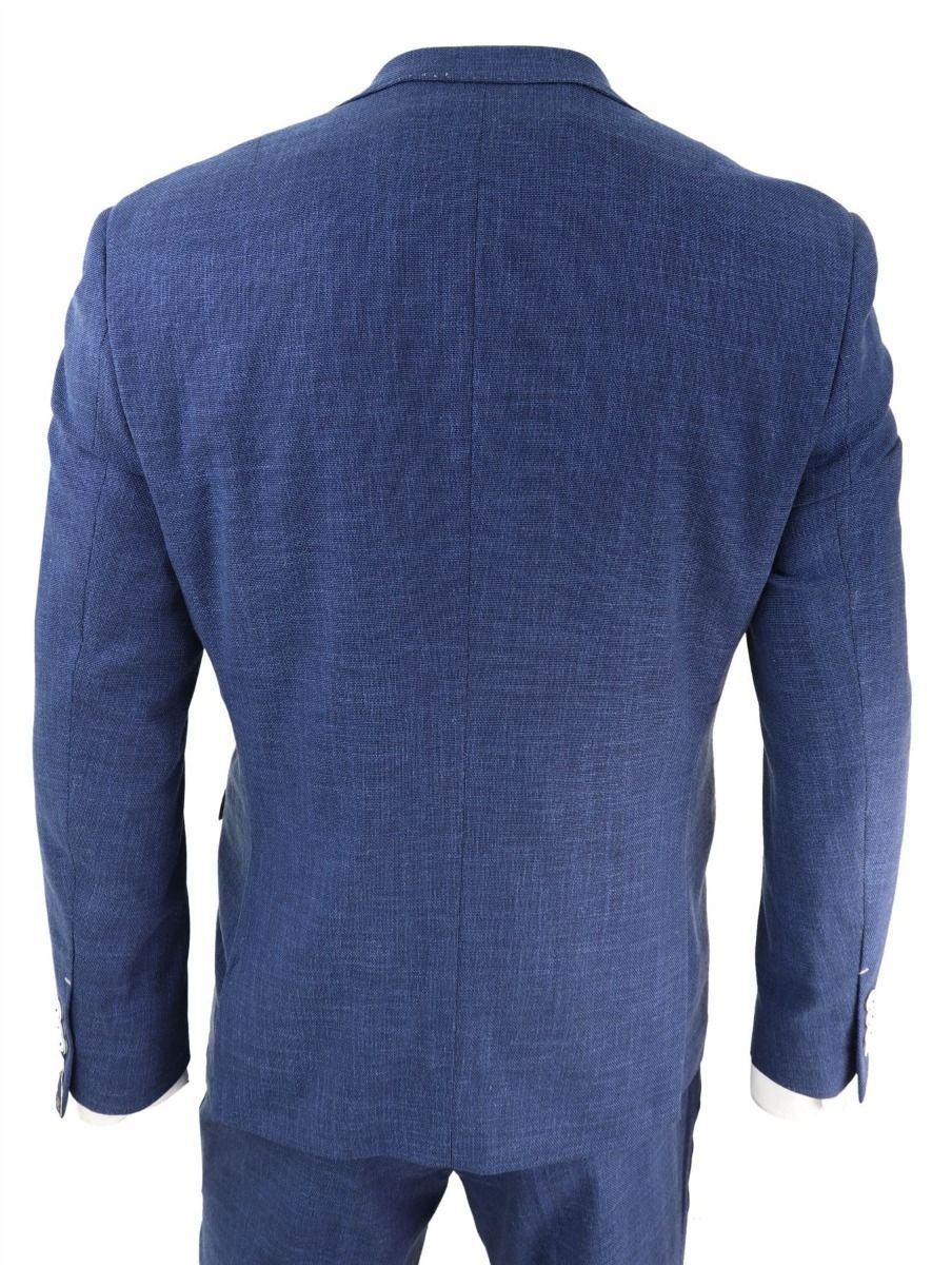 Mens 3 Piece Blue Linen Summer Spring Classic Suit - Upperclass Fashions 