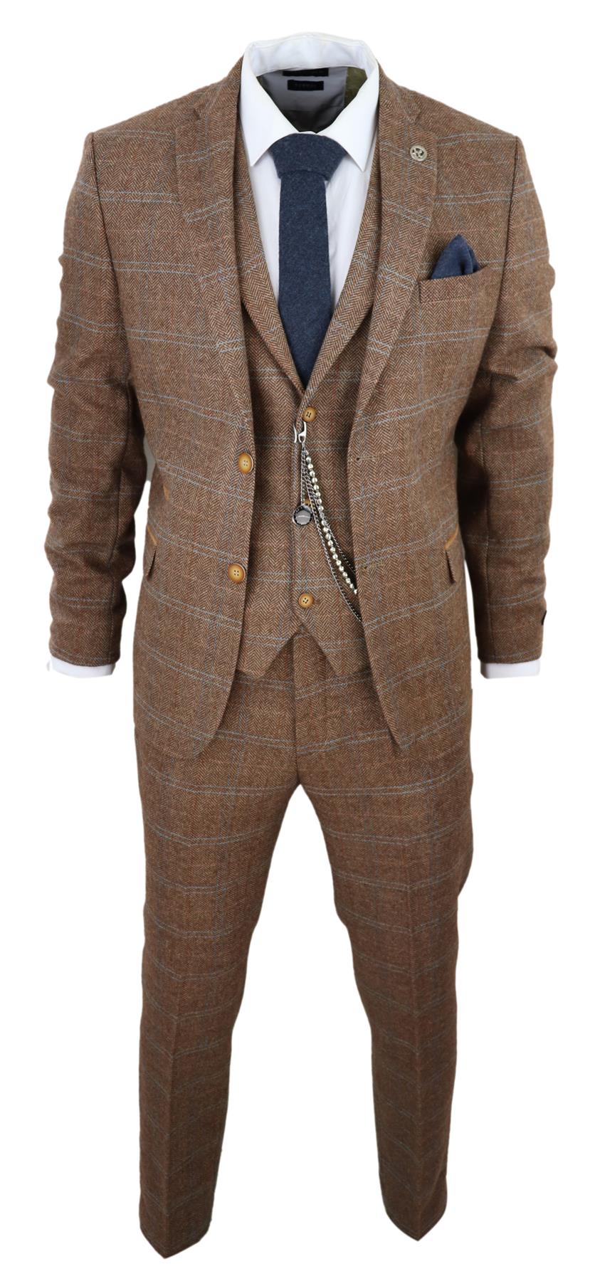 Mens 3 Piece Wool Suit Oak Brown Tweed Herringbone Check Peaky Blinders Gatsby - Upperclass Fashions 