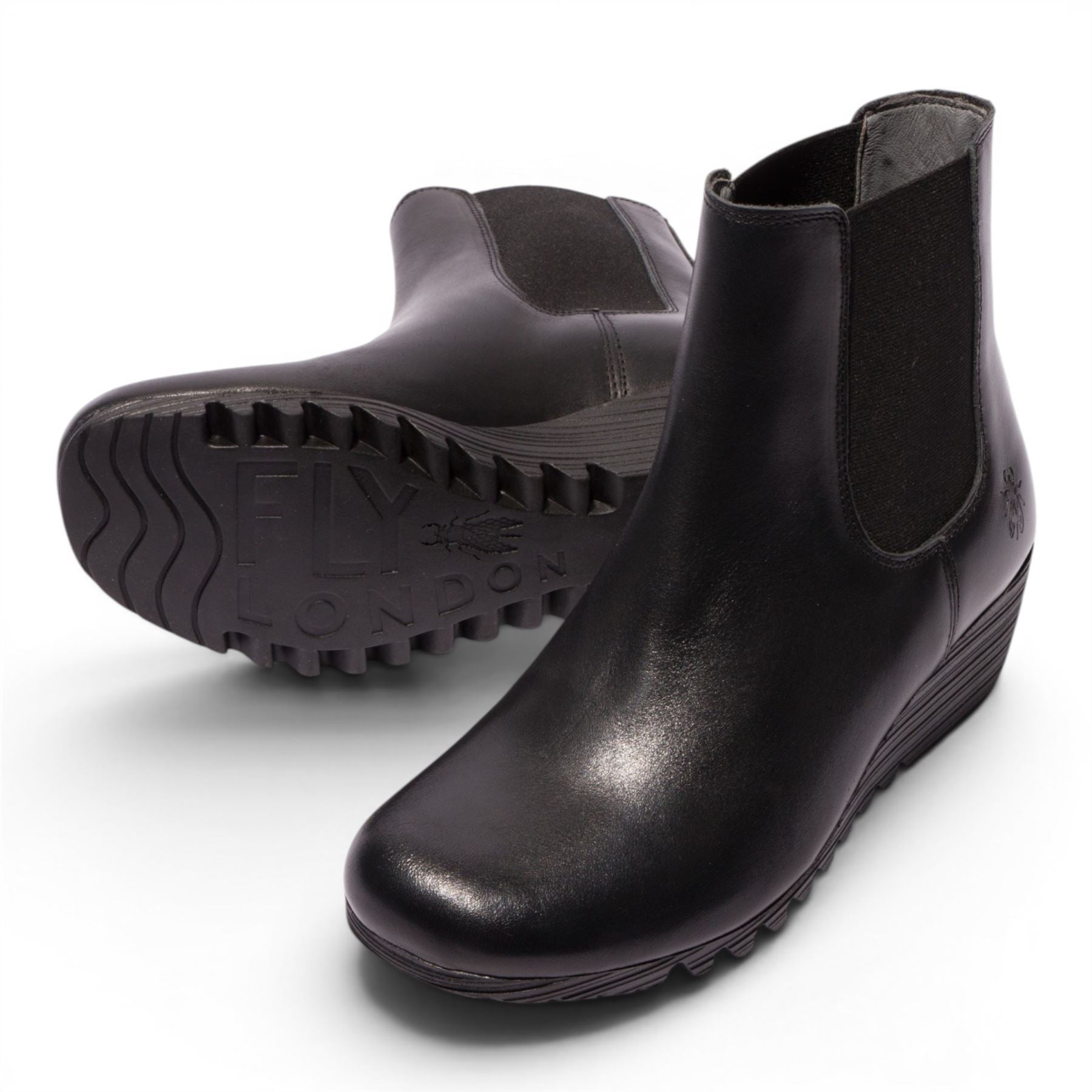 Fly London Womens Black Leather Wedge Heel Chelsea Boots - ORFU496