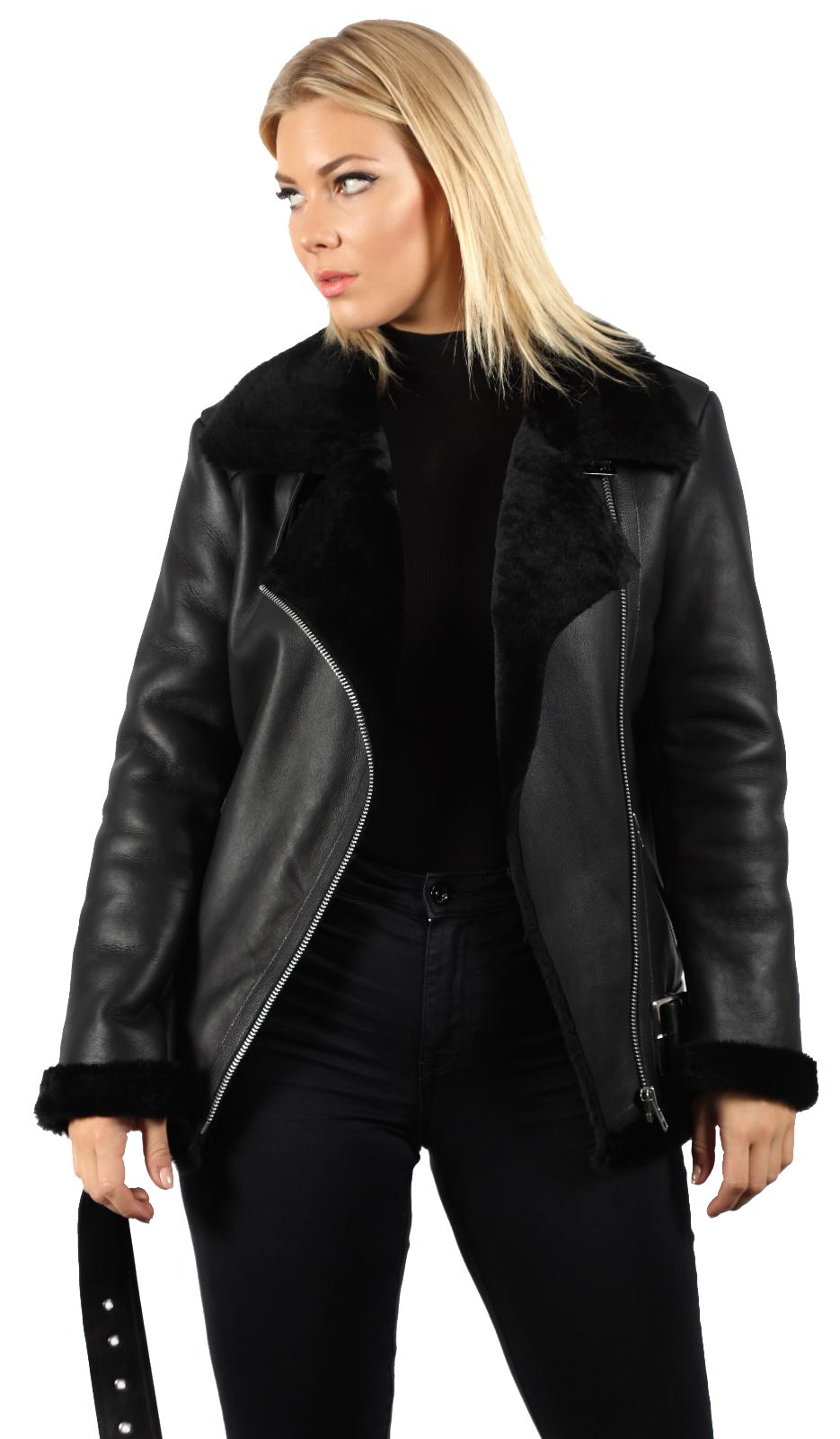 Womens Sheepskin Aviator Black Biker Jacket-Peterlee