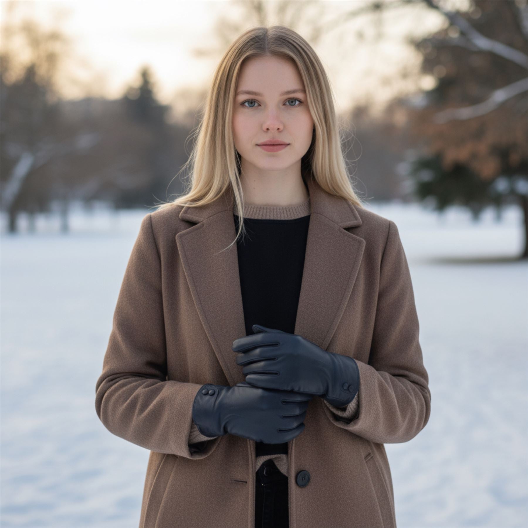 Womens Italian Leather Winter Button Design Soft Wool Lining Gloves - L-GLV-501