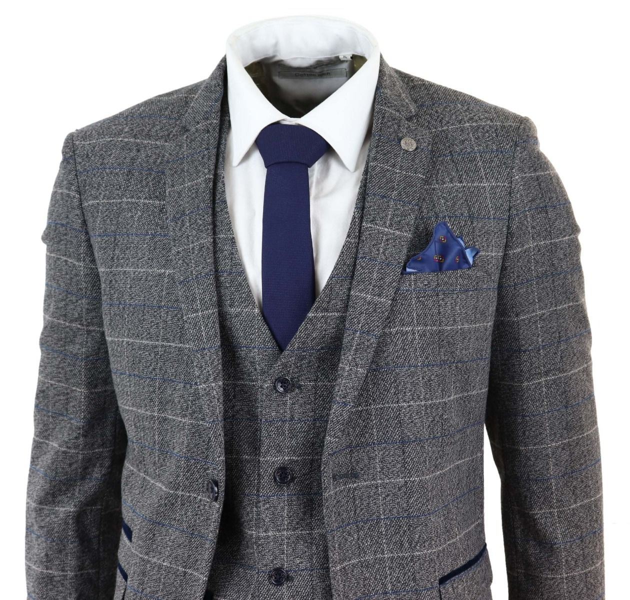 Mens 3 Piece Grey With Blue Check Vintage Classic Suit - Upperclass Fashions 