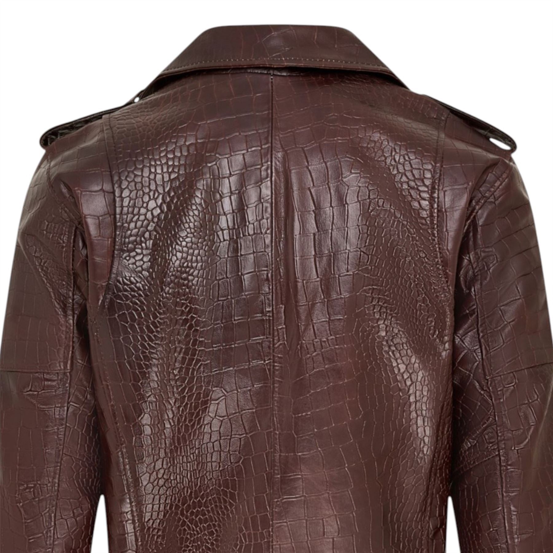 Mens Cow Leather Alligator Print Embossed Biker Jacket - Rot