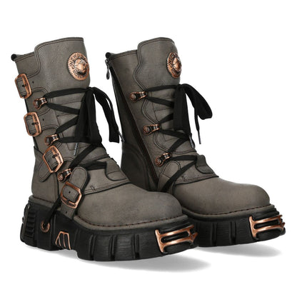 New Rock Grey Brown Leather Gothic Mid-Calf Biker Boots - M-373XL-C119