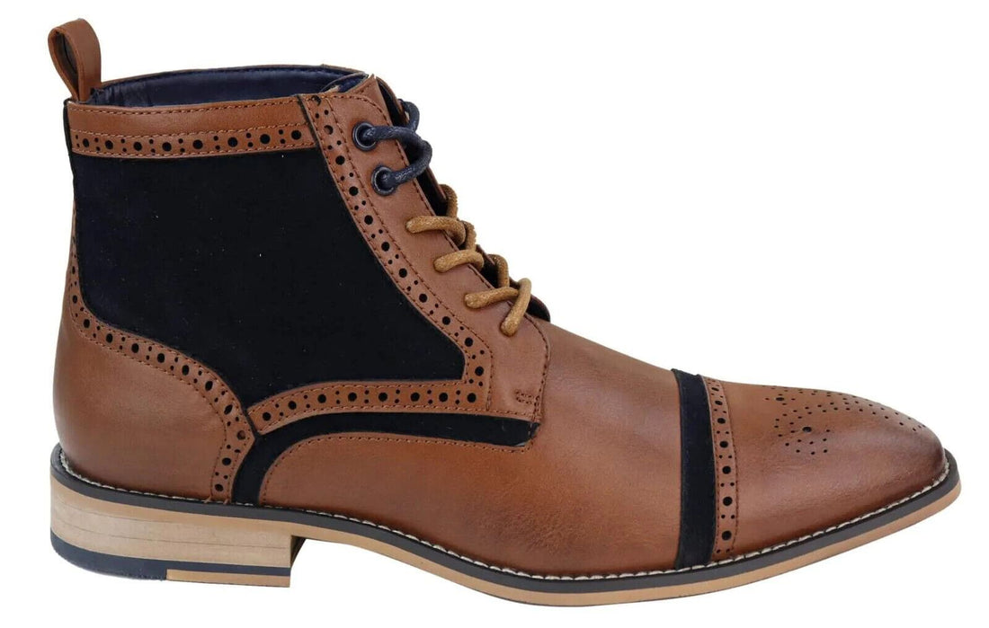 Mens Retro Oxford Brogue Ankle Boots in Tan/Navy Leather - Upperclass Fashions 