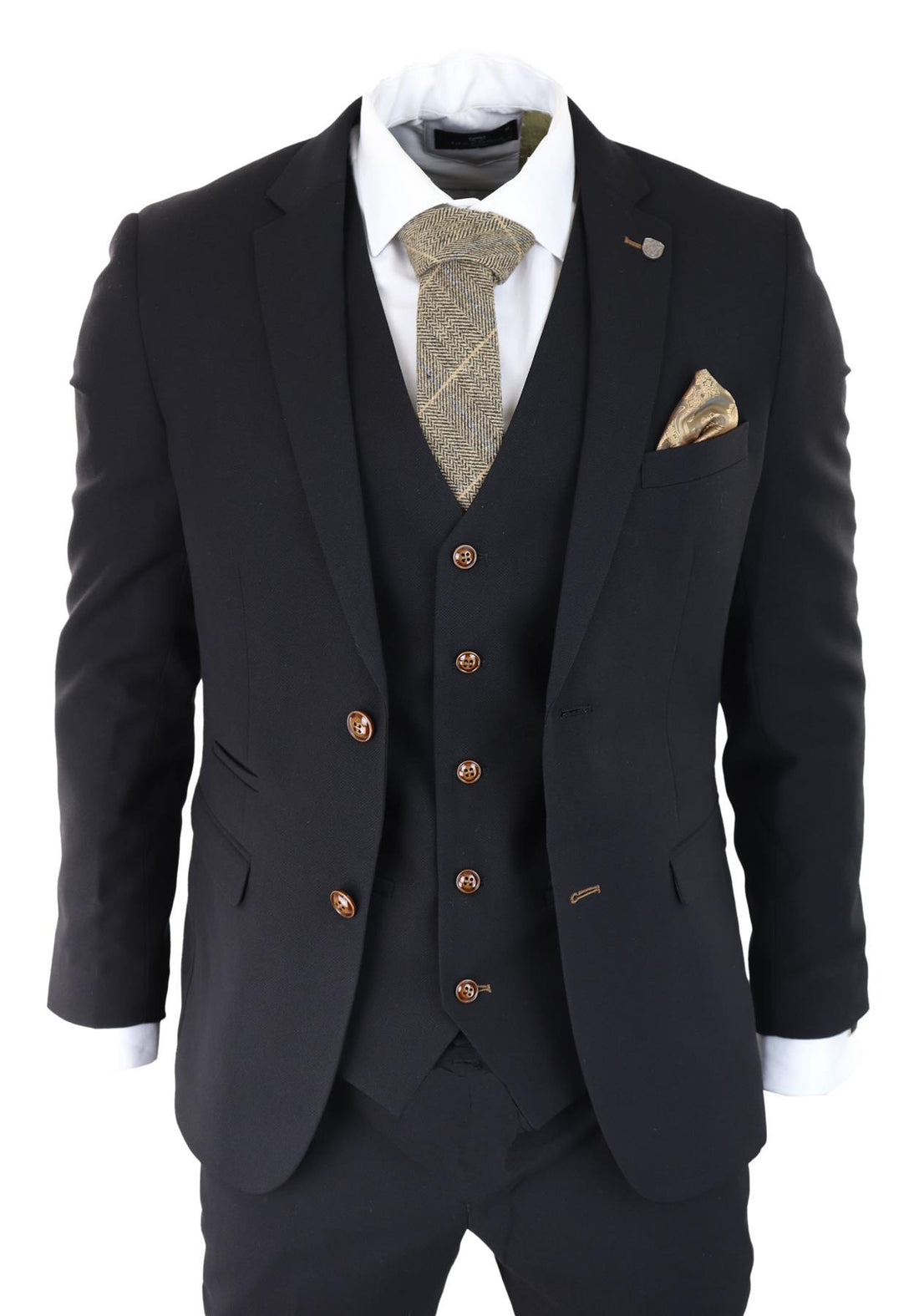 Mens Black 3 piece Suit Brown Trim Classic Birdseye Vintage Wedding Grooms - Upperclass Fashions 