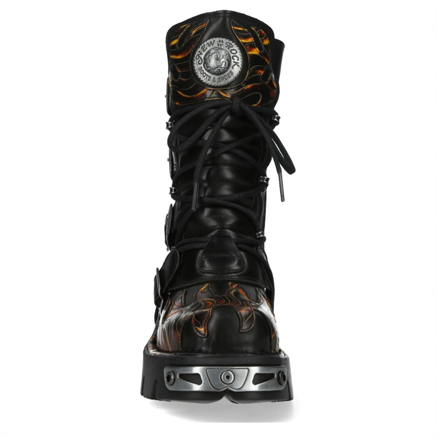 New Rock M-591-C58 Mid-Calf High Black Flame Leather Metallic Gothic Boots