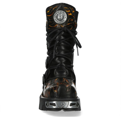 New Rock M-591-C58 Mid-Calf High Black Flame Leather Metallic Gothic Boots