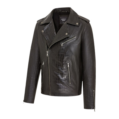 Mens Cow Leather Alligator Print Embossed Biker Jacket - Rot