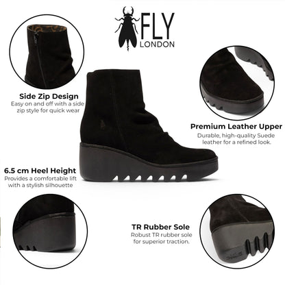 Fly London Women’s Black Suede Leather Wedge Heel Platform Ankle Boots - BAAN538