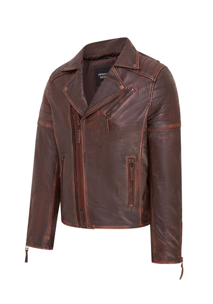 Mens Brando Double Cross Zip Leather Biker Jacket- Fagernes